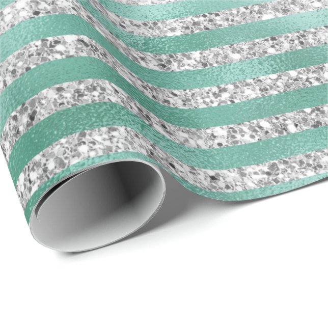 Glam Green Silver Glitter Stripes Wrapping Paper (Roll Corner)