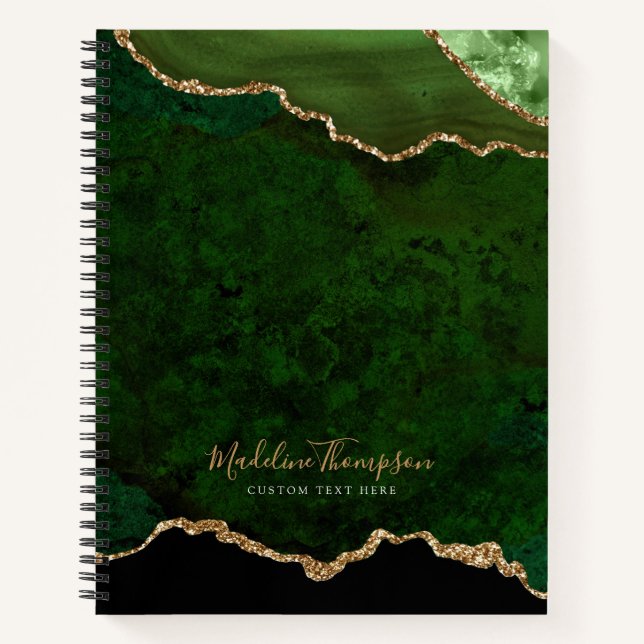 Glam Green Velvet Agate Geode Gold Script Notebook (Front)