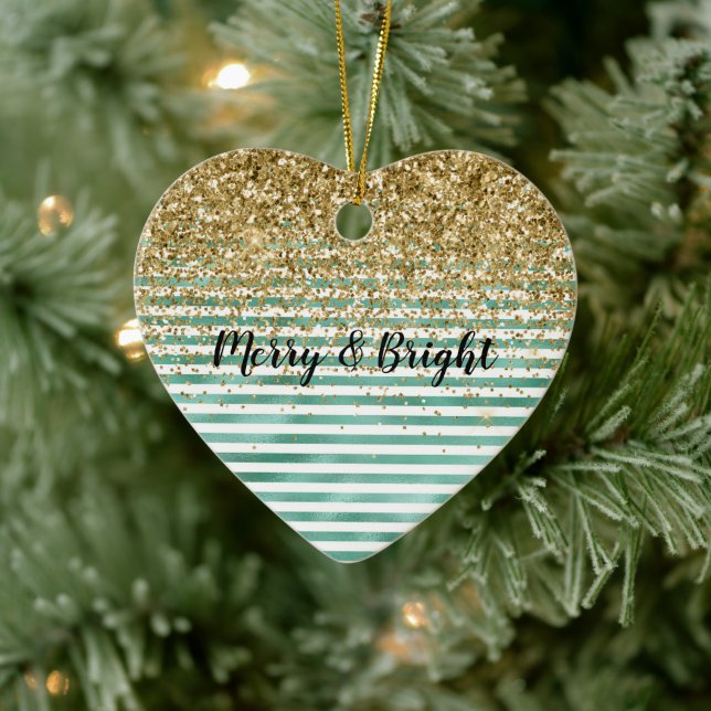 Glam Green White Stripes Gold Glitter Ceramic Ornament (Tree)