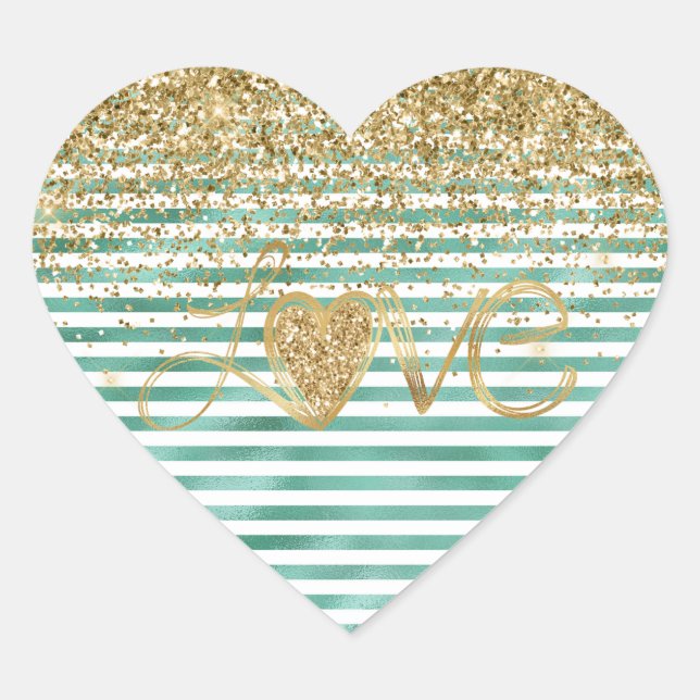 Glam Green White Stripes Gold Glitter Heart Love Heart Sticker (Front)
