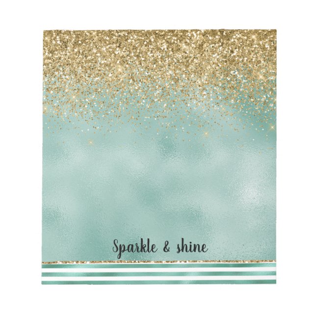 Glam Green White Stripes Gold Glitter Notepad (Front)