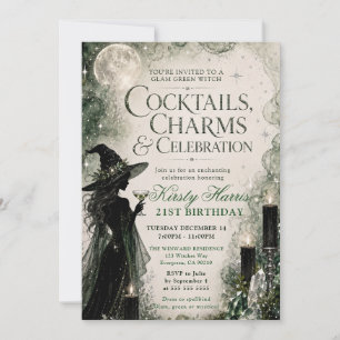 Glam Green Witch 21st Birthday Invitation