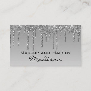 Glam Grey Silver Glitter Drips Makeup Artist Business Card