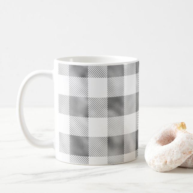 Glam Grey White Buffalo Plaid  Coffee Mug (With Donut)