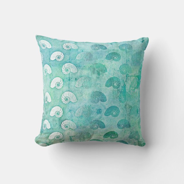 Glam Grungy Mint Green Seashells Ocean Beach Throw Pillow (Front)