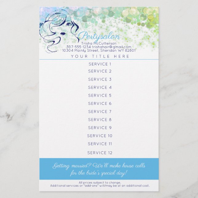 Glam hair stylist makeup salon services price list flyer (Front)
