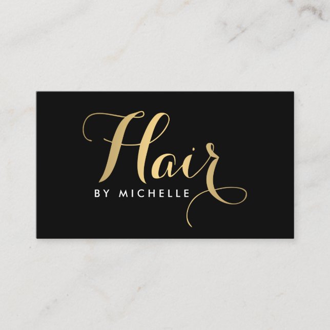 Glam Hairstylist Script Text Gold/Black Business Card (Front)