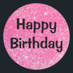 Glam Happy Birthday Black Hot Pink Glitter Sparkle Classic Round Sticker<br><div class="desc">Happy Birthday round sticker with glam hot pink glitter sparkles and bold black writing.</div>
