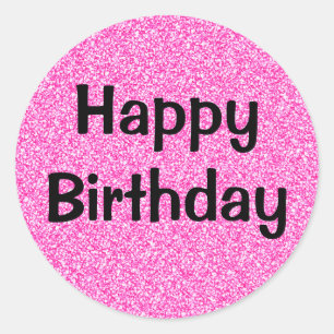 Glam Happy Birthday Black Hot Pink Glitter Sparkle Classic Round Sticker