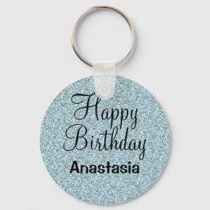 Glam Happy Birthday Blue Silver Glitter Sparkles Keychain