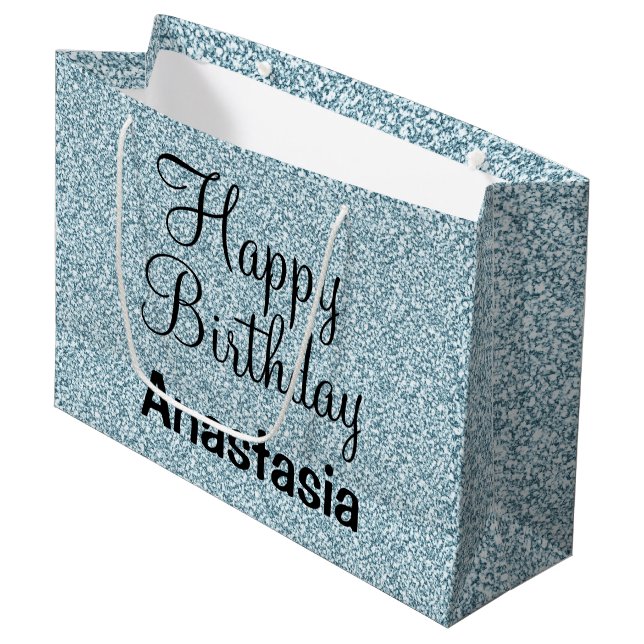 Glam Happy Birthday Blue Silver Glitter Sparkles Large Gift Bag (Front Angled)