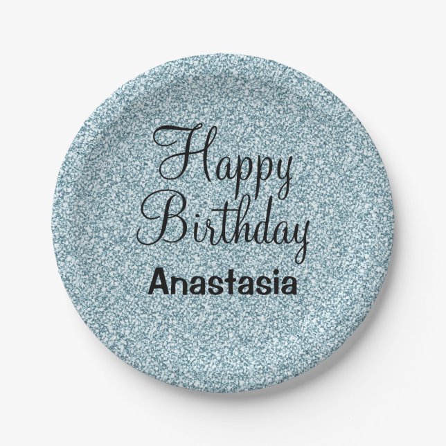 Glam Happy Birthday Blue Silver Glitter Sparkles Paper Plate (Front)