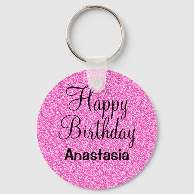 Glam Happy Birthday Hot Pink Glitter Sparkle Name Keychain (Front)