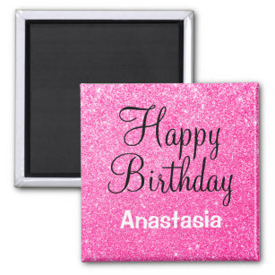 Glam Happy Birthday Hot Pink Glitter Sparkle Name Magnet