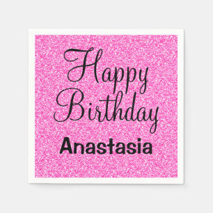 Glam Happy Birthday Hot Pink Glitter Sparkle Name Napkin