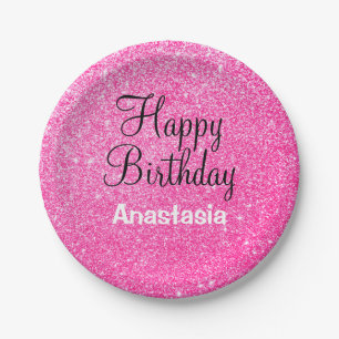 Glam Happy Birthday Hot Pink Glitter Sparkle Name Paper Plate