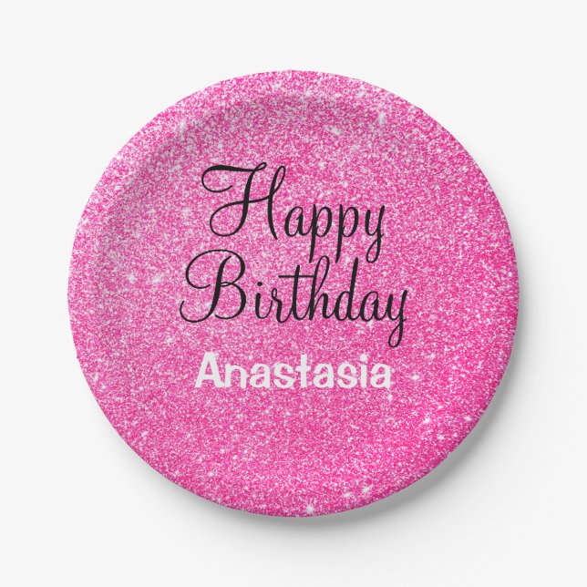Glam Happy Birthday Hot Pink Glitter Sparkle Name Paper Plate (Front)