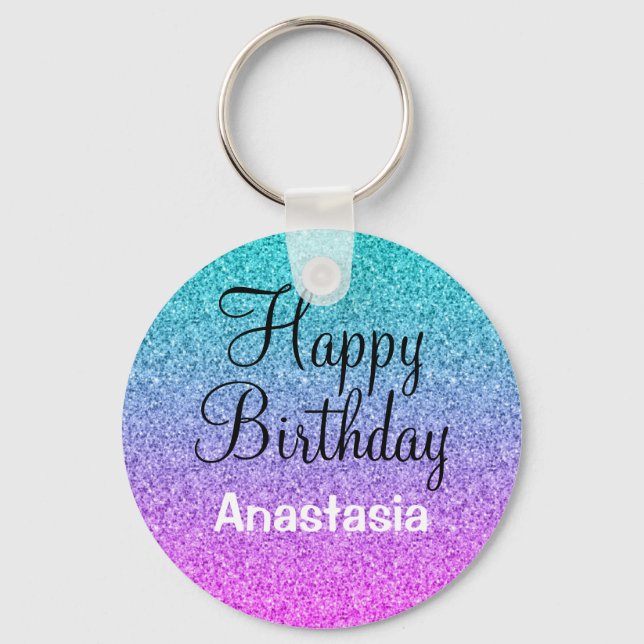 Glam Happy Birthday Ombre Pink Blue Purple Glitter Keychain (Front)