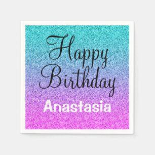 Glam Happy Birthday Ombre Pink Blue Purple Glitter Napkin