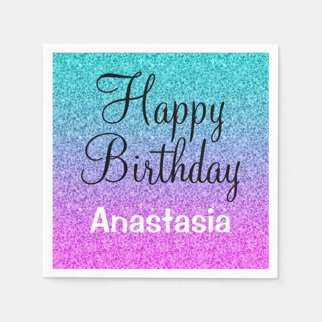 Glam Happy Birthday Ombre Pink Blue Purple Glitter Napkin (Front)