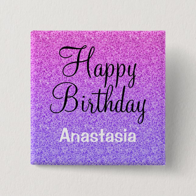 Glam Happy Birthday Ombre Purple Glitter Sparkles 2 Inch Square Button (Front)
