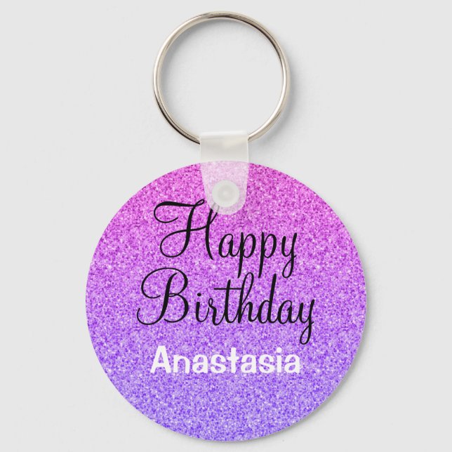 Glam Happy Birthday Ombre Purple Glitter Sparkles Keychain (Front)