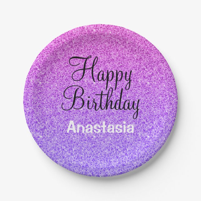 Glam Happy Birthday Ombre Purple Glitter Sparkles Paper Plate (Front)