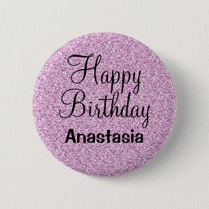 Glam Happy Birthday Purple Glitter Sparkle Name 2 Inch Round Button