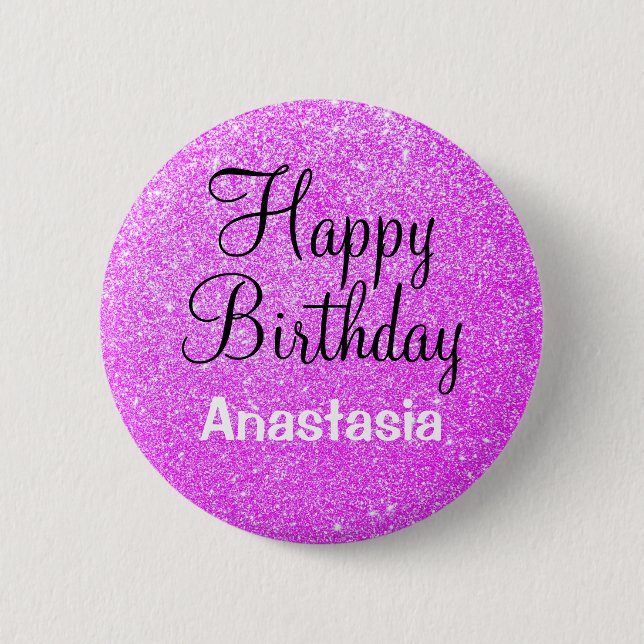 Glam Happy Birthday Purple Glitter Sparkle Name 2 Inch Round Button (Front)
