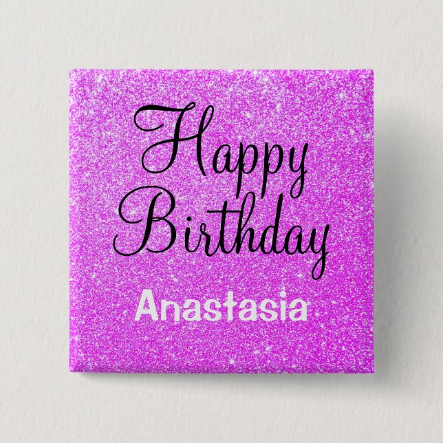 Glam Happy Birthday Purple Glitter Sparkle Name 2 Inch Square Button (Front)