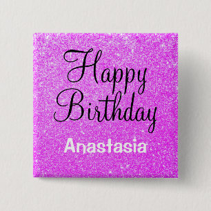 Glam Happy Birthday Purple Glitter Sparkle Name 2 Inch Square Button
