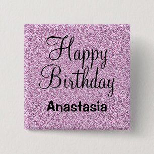 Glam Happy Birthday Purple Glitter Sparkle Name 2 Inch Square Button