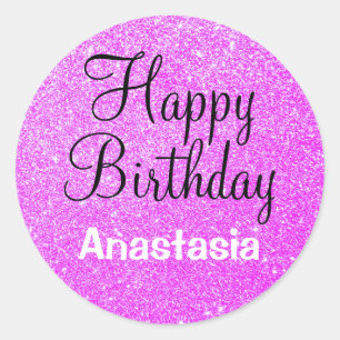 Glam Happy Birthday Purple Glitter Sparkle Name Classic Round Sticker