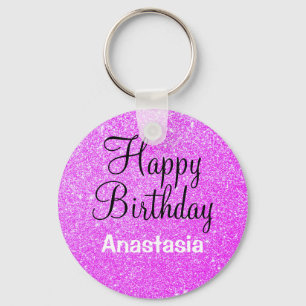 Glam Happy Birthday Purple Glitter Sparkle Name Keychain