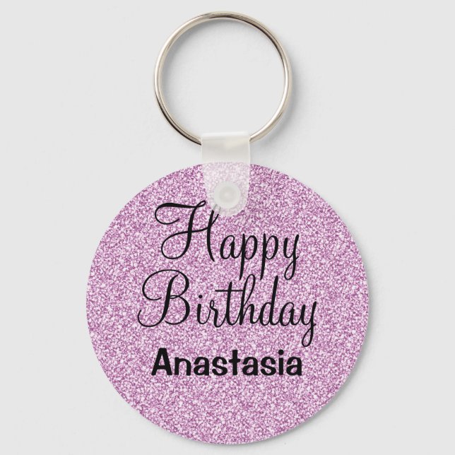 Glam Happy Birthday Purple Glitter Sparkle Name Keychain (Front)