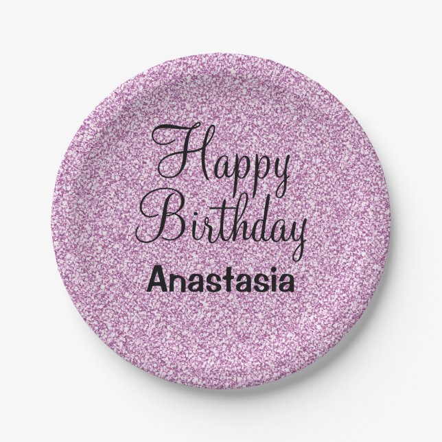 Glam Happy Birthday Purple Glitter Sparkle Name Paper Plate (Front)