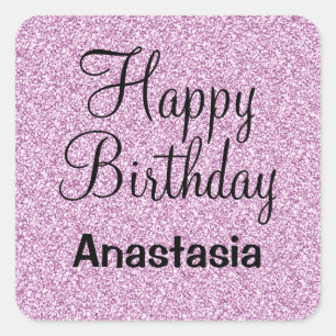 Glam Happy Birthday Purple Glitter Sparkle Name Square Sticker