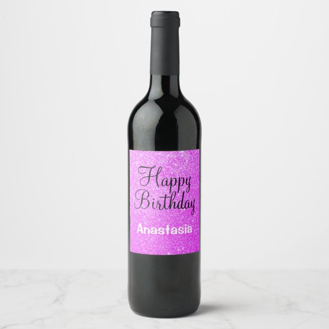 Glam Happy Birthday Purple Glitter Sparkle Name Wine Label (Front)