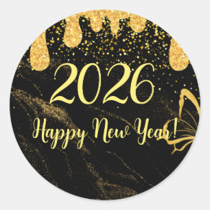 glam happy new year gold glitter classic round sticker