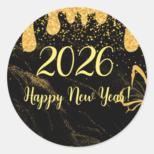 glam happy new year gold glitter   classic round sticker (Front)