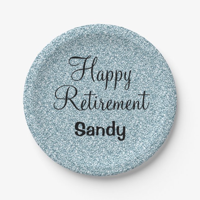 Glam Happy Retirement Blue Silver Glitter Sparkles Paper Plate (Front)