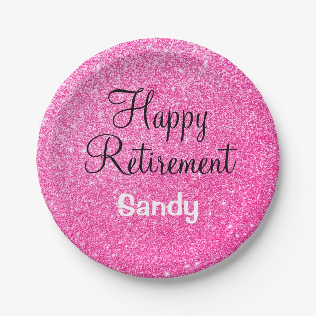 Glam Happy Retirement Hot Pink Glitter Sparkle Paper Plate (Front)