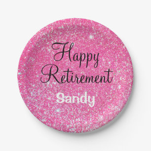 Glam Happy Retirement Hot Pink Glitter Sparkle Paper Plate