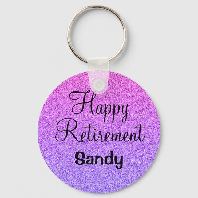 Glam Happy Retirement Ombre Purple Glitter Sparkle Keychain (Front)
