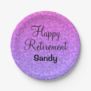 Glam Happy Retirement Ombre Purple Glitter Sparkle Paper Plate