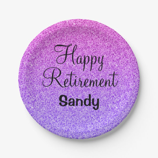 Glam Happy Retirement Ombre Purple Glitter Sparkle Paper Plate (Front)