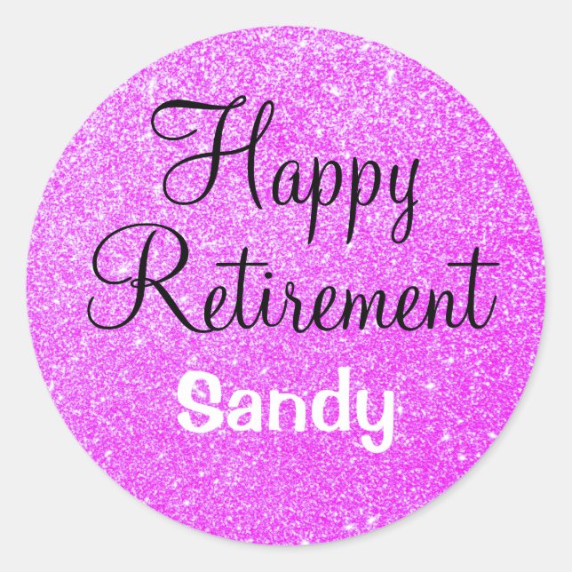 Glam Happy Retirement Purple Glitter Sparkle Classic Round Sticker (Front)