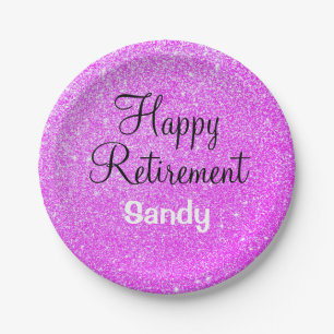 Glam Happy Retirement Purple Glitter Sparkle Paper Plate