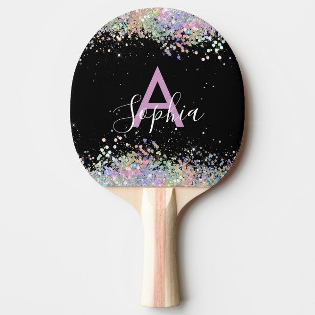 Glam Holographic Glitter Monogram Script Black  Ping Pong Paddle (Front)