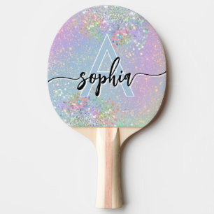 Glam Holographic Glitter Monogram Script Pink  Ping Pong Paddle
